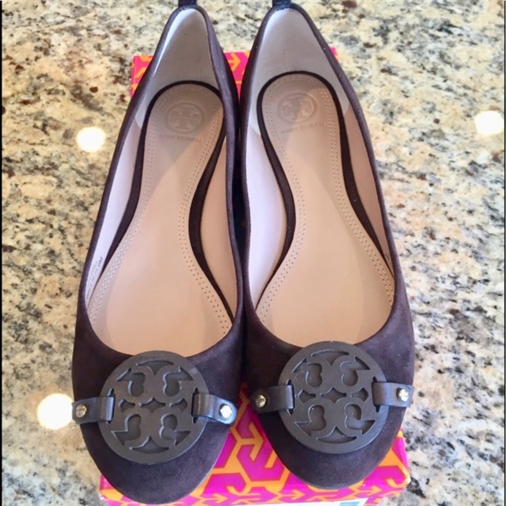 Tory Burch Brown Suede Logo Ballet Flats
